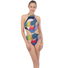 Whale Moon Ocean Digital Art Halter Side Cut Swimsuit by Jancukart