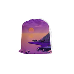 Sunset Sea Ocean Purple Pink Flowers Stone Drawstring Pouch (small) by Jancukart