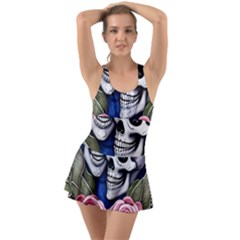 Skulls And Flowers Ruffle Top Dress Swimsuit by GardenOfOphir