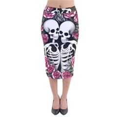 Black And White Rose Sugar Skull Velvet Midi Pencil Skirt by GardenOfOphir