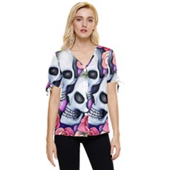 Floral Skeletons Bow Sleeve Button Up Top by GardenOfOphir