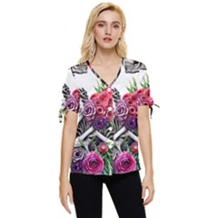 Gothic Floral Skeletons Bow Sleeve Button Up Top by GardenOfOphir