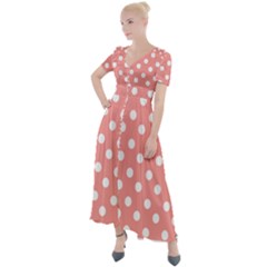 Coral And White Polka Dots Button Up Short Sleeve Maxi Dress by GardenOfOphir