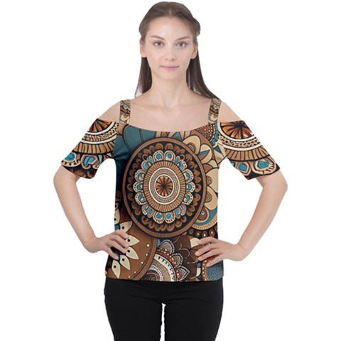 Bohemian Flair In Blue And Earthtones Cutout Shoulder Tee by HWDesign