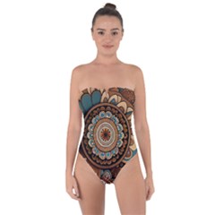 Bohemian Flair In Blue And Earthtones Tie Back One Piece Swimsuit by HWDesign