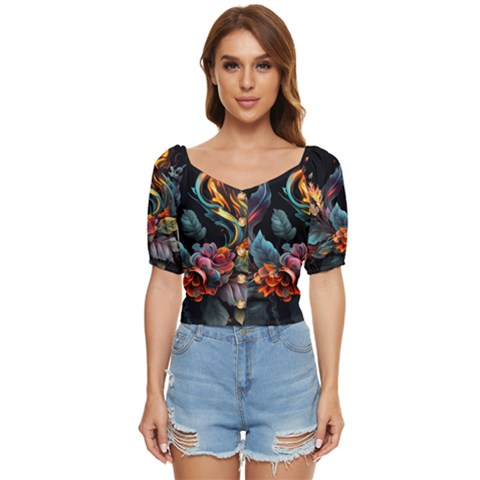 Flowers Flame Abstract Floral Button Up Blouse by Ravend