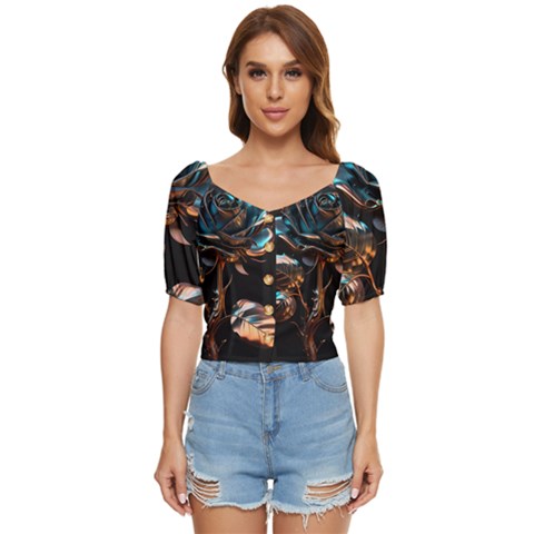 Gold Flower Rose Metal Rose Button Up Blouse by Ravend