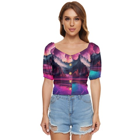Ai Generated Mountain Ocean Lava Button Up Blouse by Ravend