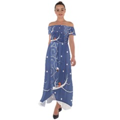 Bird Winter Bullfinch Patterns Art Off Shoulder Open Front Chiffon Dress by Uceng
