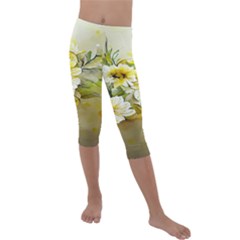 Watercolor Yellow And-white Flower Background Kids  Lightweight Velour Capri Leggings  by artworkshop