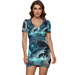 Sculpture Dinosaur Shark Frozen Winter Fantasy Low Cut Cap Sleeve Mini Dress by Ravend