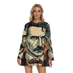 Ai Generated Nikola Tesla Tesla Nikolas Electricity Round Neck Long Sleeve Bohemian Style Chiffon Mini Dress by danenraven