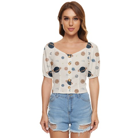 Space Planets Art Pattern Design Wallpaper Button Up Blouse by Ravend