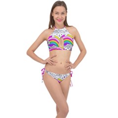 Rainbow Fun Cute Minimal Doodle Drawing Art Cross Front Halter Bikini Set by Ravend