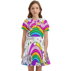 Rainbow Fun Cute Minimal Doodle Drawing Art Kids  Bow Tie Puff Sleeve Dress by Ravend