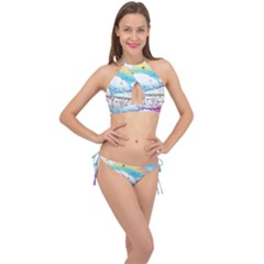 Rainbow Fun Cute Minimal Doodle Drawing Arts Cross Front Halter Bikini Set by Ravend