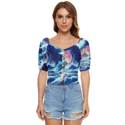 Storm Tsunami Waves Ocean Sea Nautical Nature Button Up Blouse by Ravend