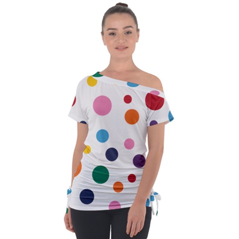 Polka Dot Off Shoulder Tie-up Tee by 8989