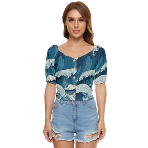 Waves Ocean Sea Pattern Water Tsunami Rough Seas Button Up Blouse by Ravend