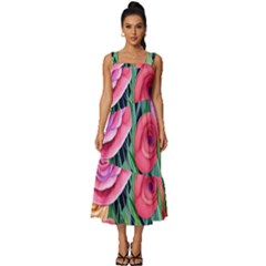 Boho Retropical Flowers Square Neckline Tiered Midi Dress by GardenOfOphir
