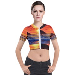Reflecting Sunset Over Beach Short Sleeve Cropped Jacket by GardenOfOphir