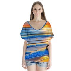 Tropical Sunset V-neck Flutter Sleeve Top by GardenOfOphir