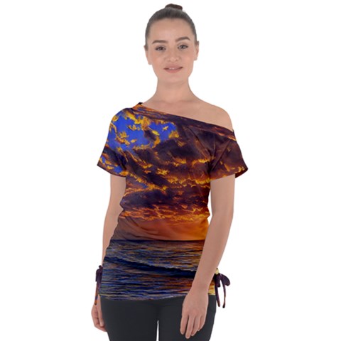 Orange Sunburst Off Shoulder Tie-up Tee by GardenOfOphir
