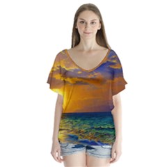 Nature Sunset V-neck Flutter Sleeve Top by GardenOfOphir