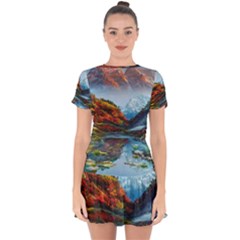 Breathtaking Landscape Scene Drop Hem Mini Chiffon Dress by GardenOfOphir