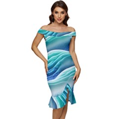 Pastel Beach Wave I Off Shoulder Ruffle Split Hem Bodycon Dress by GardenOfOphir