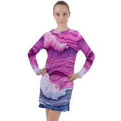 Abstract Pink Ocean Waves Long Sleeve Hoodie Dress by GardenOfOphir