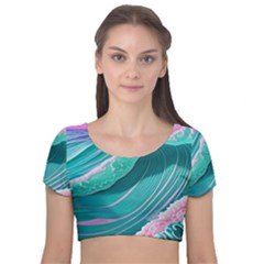 Pink Ocean Waves Velvet Short Sleeve Crop Top  by GardenOfOphir