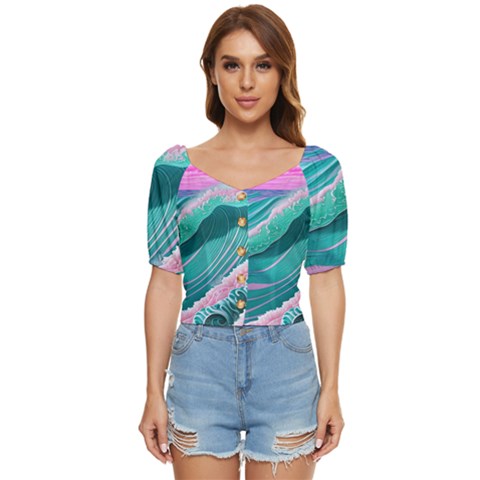 Pink Ocean Waves Button Up Blouse by GardenOfOphir