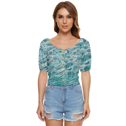 Nature Ocean Waves Button Up Blouse by GardenOfOphir