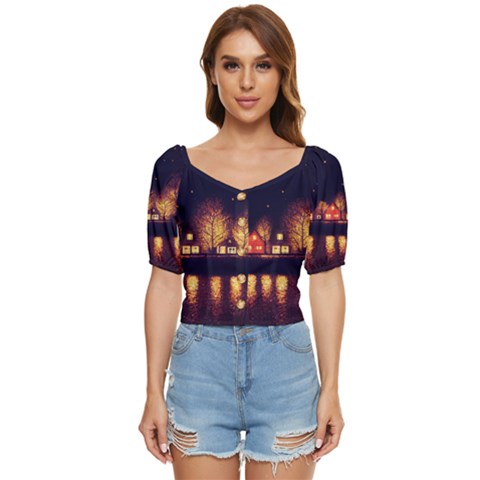 Night Houses River Bokeh Leaves Landscape Nature Button Up Blouse by Ravend