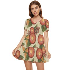 Flowers Leaves Pattern Flora Botany Drawing Art Tiered Short Sleeve Babydoll Dress by Ravend