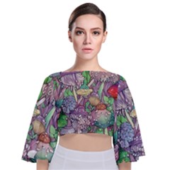 Vintage Mushroom Garden Tie Back Butterfly Sleeve Chiffon Top by GardenOfOphir