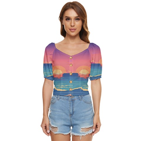 Sunset Ocean Beach Water Tropical Island Vacation 2 Button Up Blouse by Pakemis