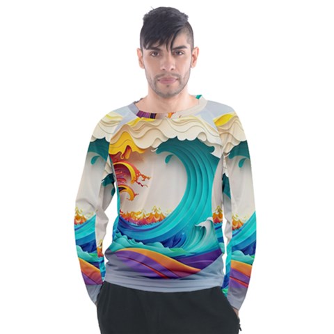 Tsunami Tidal Wave Wave Minimalist Ocean Sea 3 Men s Long Sleeve Raglan Tee by Pakemis