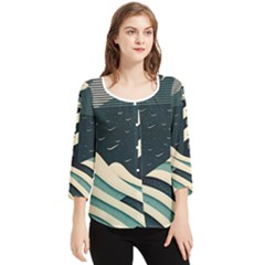 Lighthouse Abstract Ocean Sea Waves Water Blue Chiffon Quarter Sleeve Blouse by Pakemis