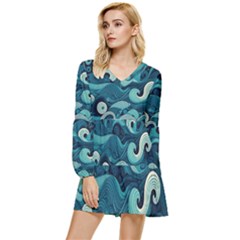 Waves Ocean Sea Abstract Whimsical Abstract Art Tiered Long Sleeve Mini Dress by Pakemis