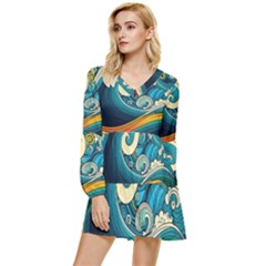 Waves Wave Ocean Sea Abstract Whimsical Abstract Art Tiered Long Sleeve Mini Dress by Pakemis