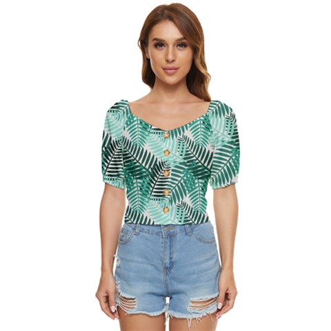 Background Pattern Texture Leaves Design Wallpaper Button Up Blouse by Wegoenart