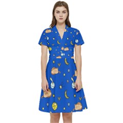 Cat Animals Sleep Stars Seamless Background Short Sleeve Waist Detail Dress by Wegoenart