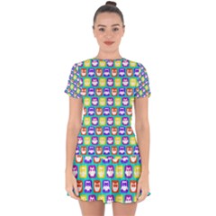 Colorful Whimsical Owl Pattern Drop Hem Mini Chiffon Dress by GardenOfOphir