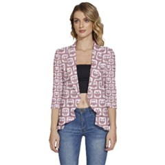 Light Pink And White Owl Pattern Women s 3/4 Sleeve Ruffle Edge Open Front Jacket by GardenOfOphir