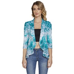 Tropical Blue Ocean Wave Women s 3/4 Sleeve Ruffle Edge Open Front Jacket by Jack14