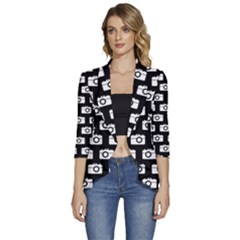 Modern Chic Vector Camera Illustration Pattern Women s 3/4 Sleeve Ruffle Edge Open Front Jacket by GardenOfOphir