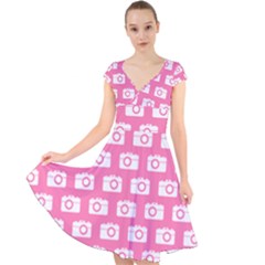 Pink Modern Chic Vector Camera Illustration Pattern Cap Sleeve Front Wrap Midi Dress by GardenOfOphir