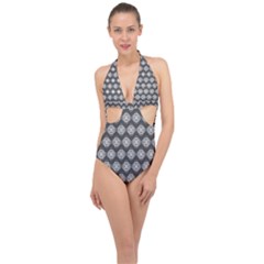 Abstract Knot Geometric Tile Pattern Halter Front Plunge Swimsuit by GardenOfOphir